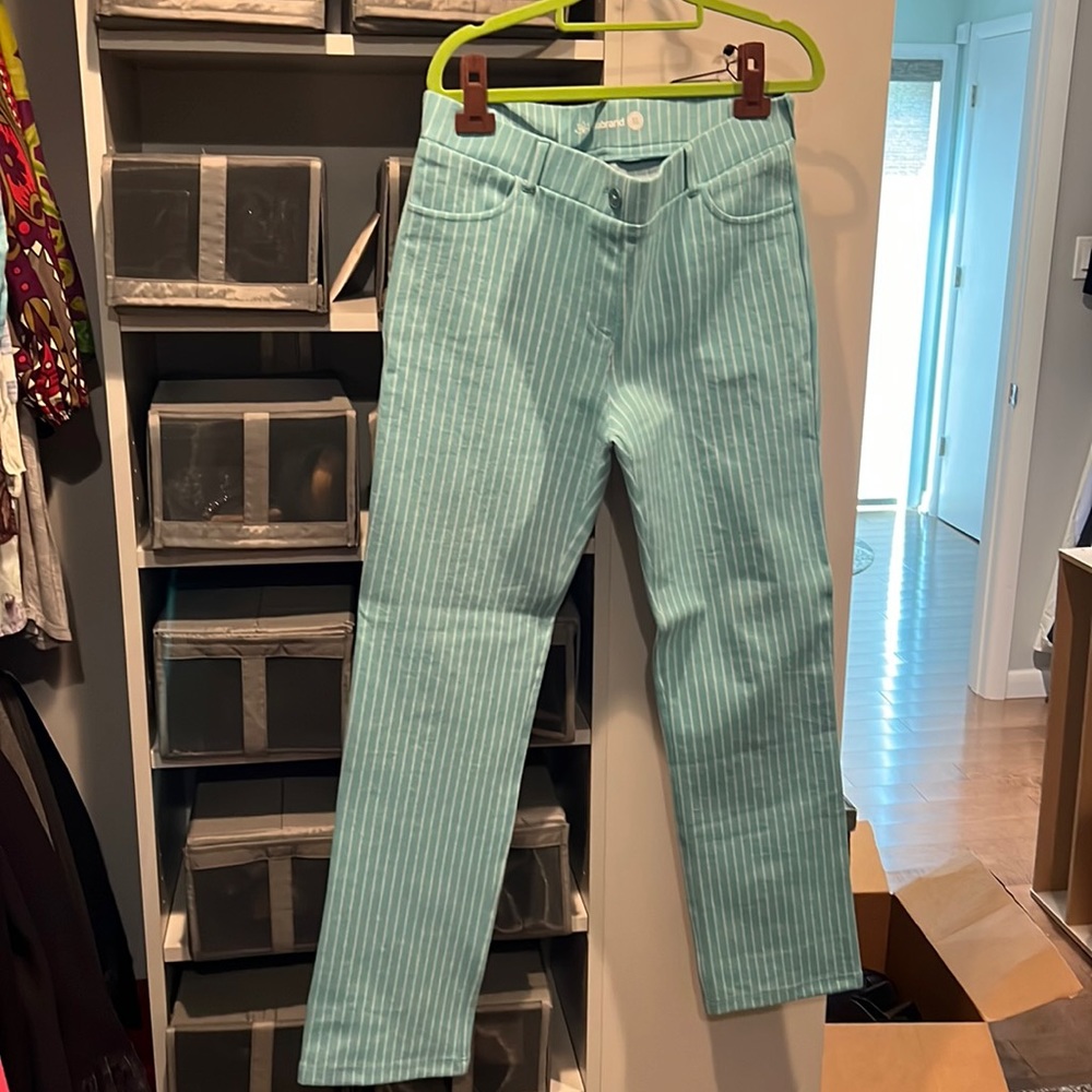 Pants by Betabrand. Striped teal and white